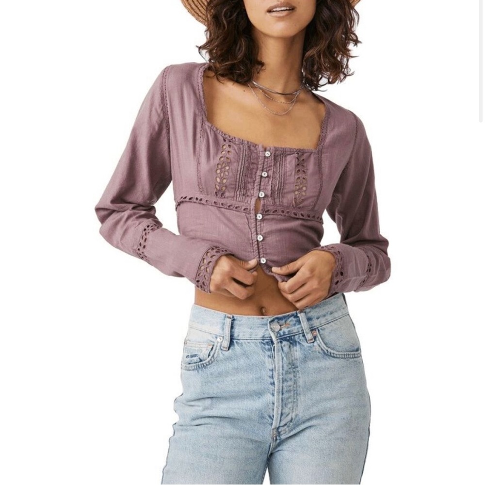 Free People Joi Cotton Cropped Eyelet Blouse, Size M, NWT